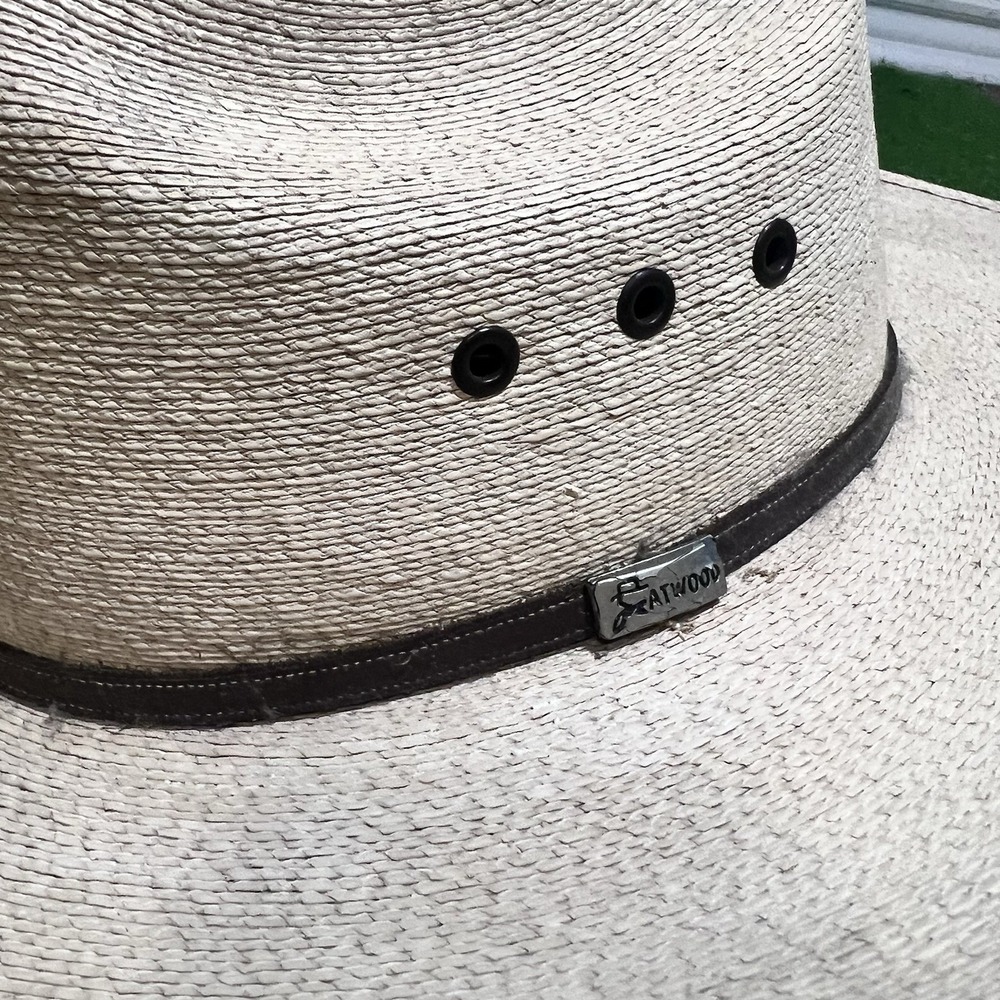 Vintage Atwood Cowboy Hat 7 1/4 7X Hereford Low Crown Lng Oval Leather Logo Band - Picture 2 of 10